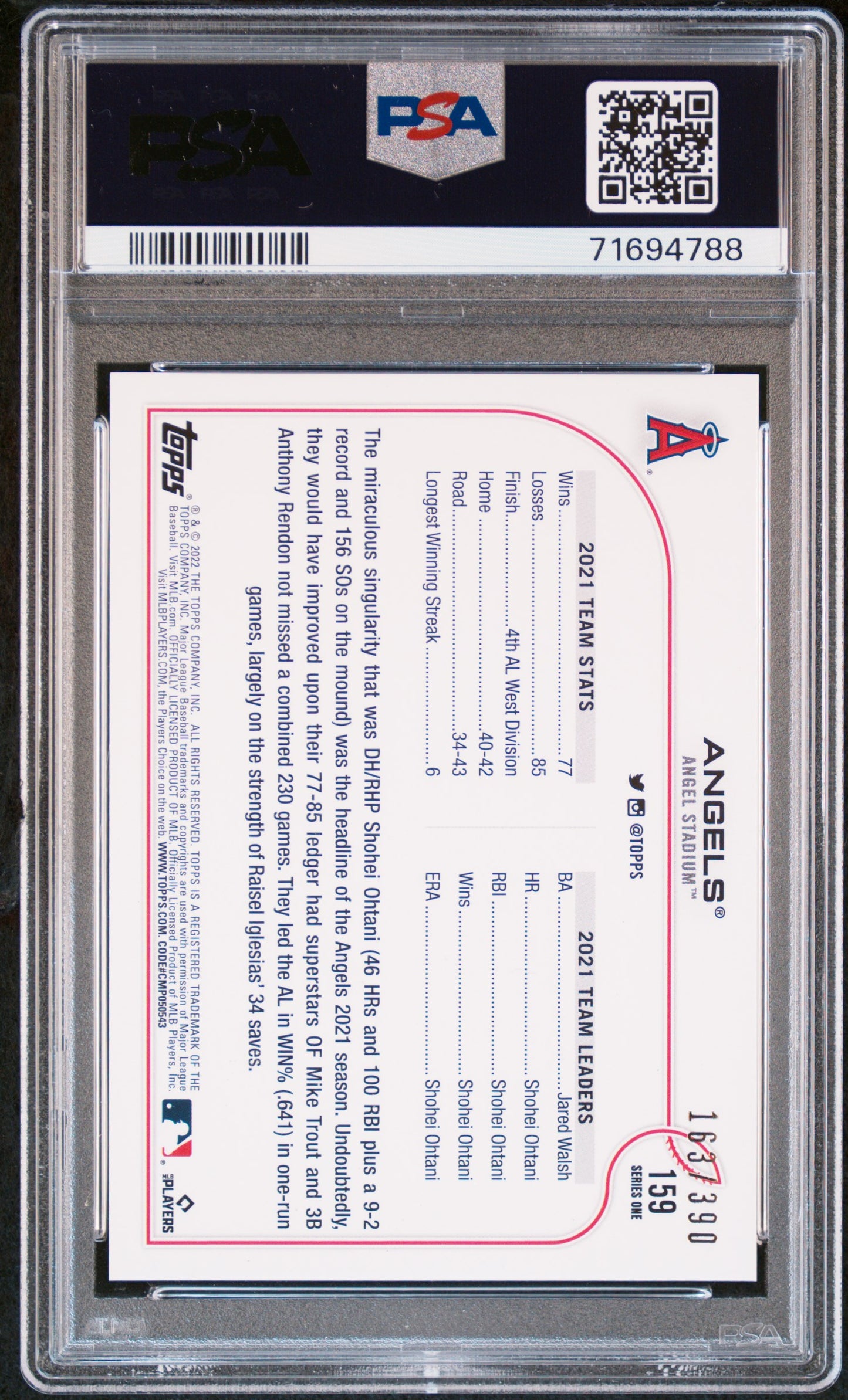 2022 Topps Complete Set Baseball Los Angeles Angels #159 Psa 9 71694788