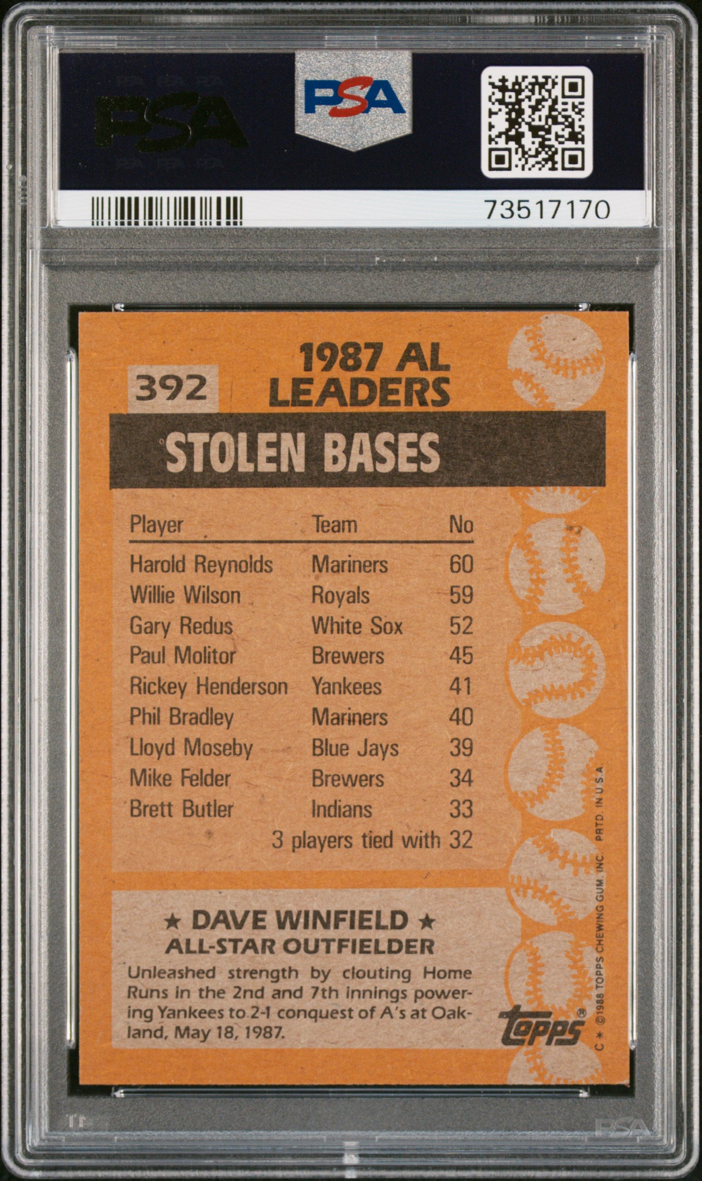 1988 Topps Baseball Dave Winfield #392 Psa 9 73517170