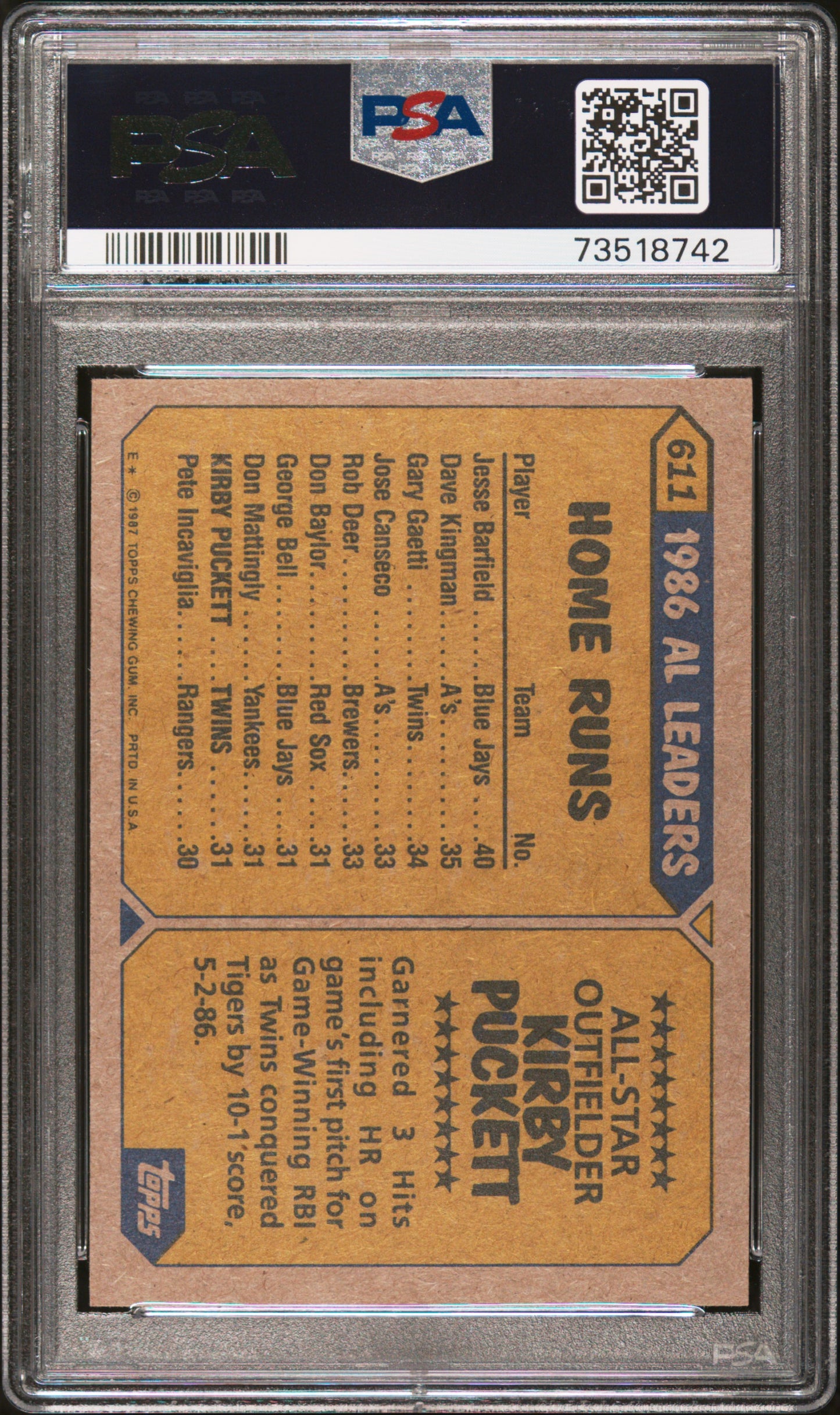 1987 Topps Baseball Kirby Puckett #611 Psa 9 73518742