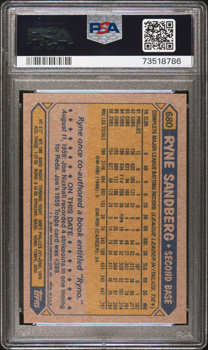 1987 Topps Baseball Ryne Sandberg #680 Psa 8 73518786