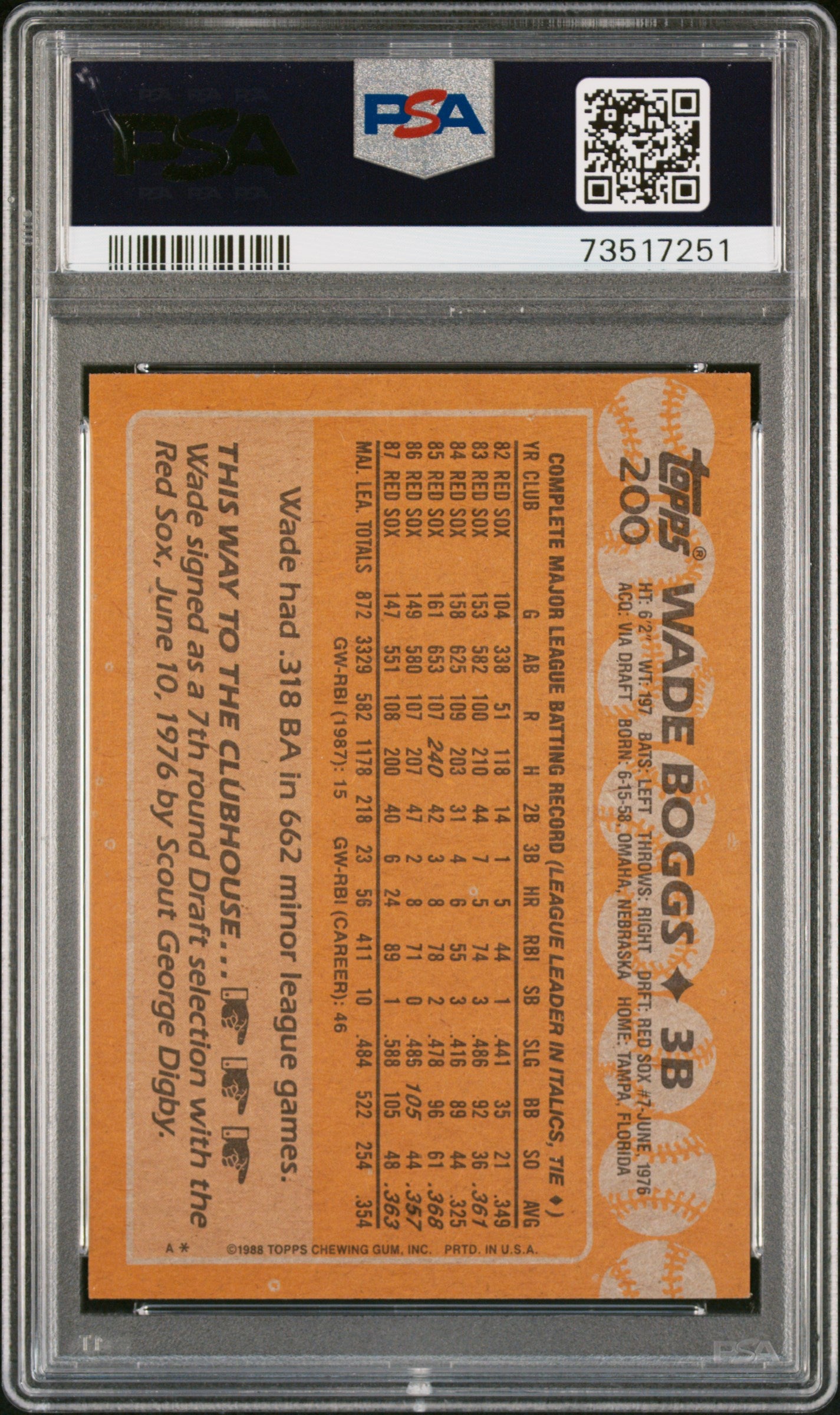 1988 Topps Baseball Wade Boggs #200 Psa 9 73517251