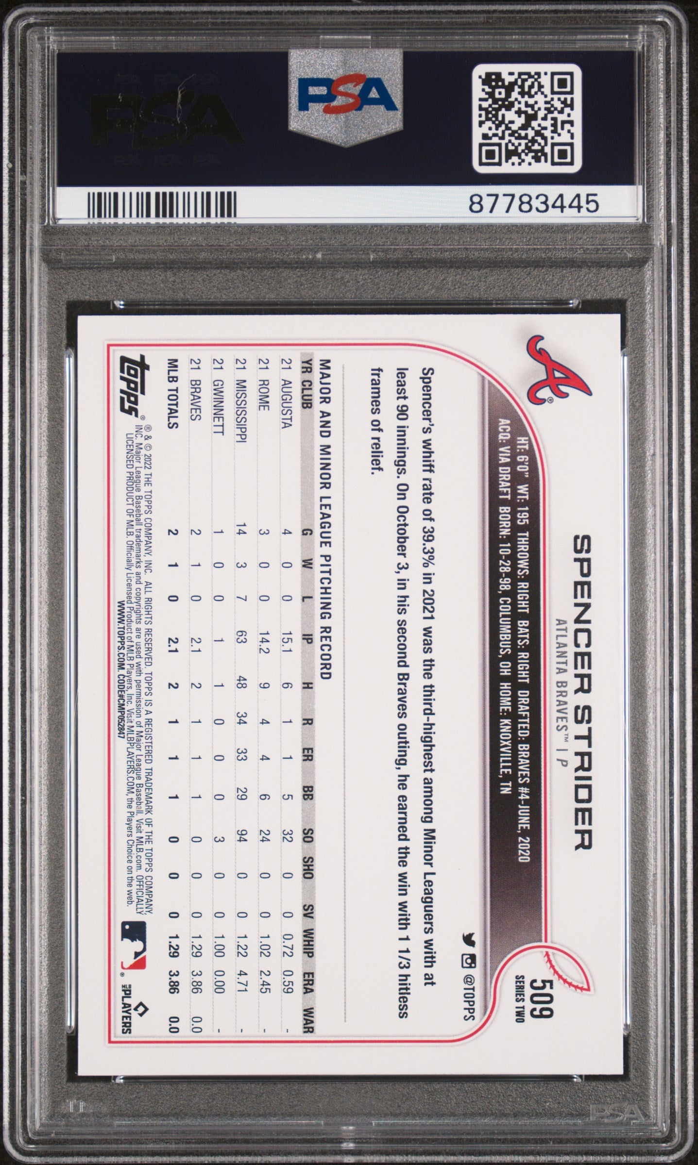 2022 Topps Baseball Spencer Strider RC #509 PSA 10 87783445