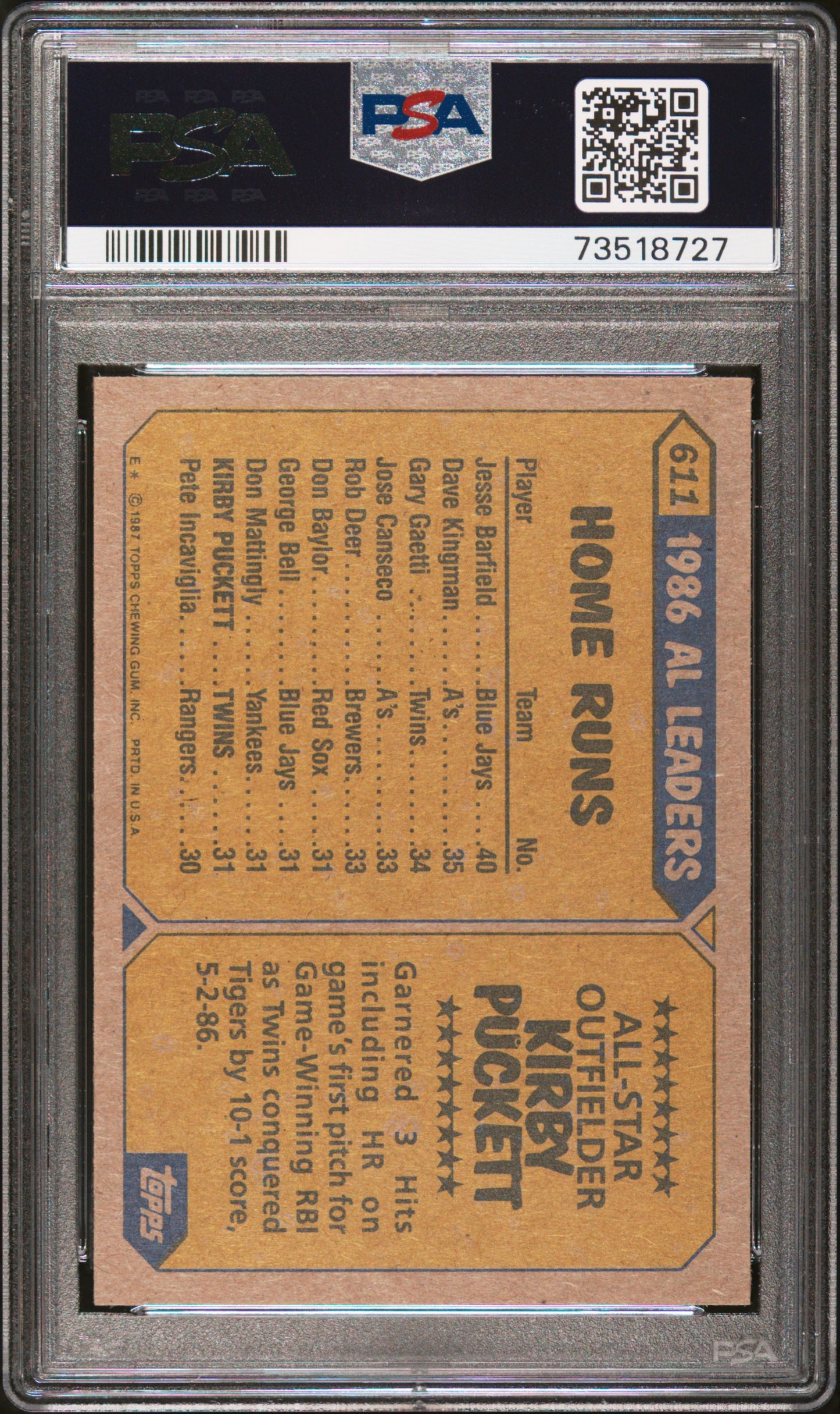 1987 Topps Baseball Kirby Puckett #611 Psa 9 73518727