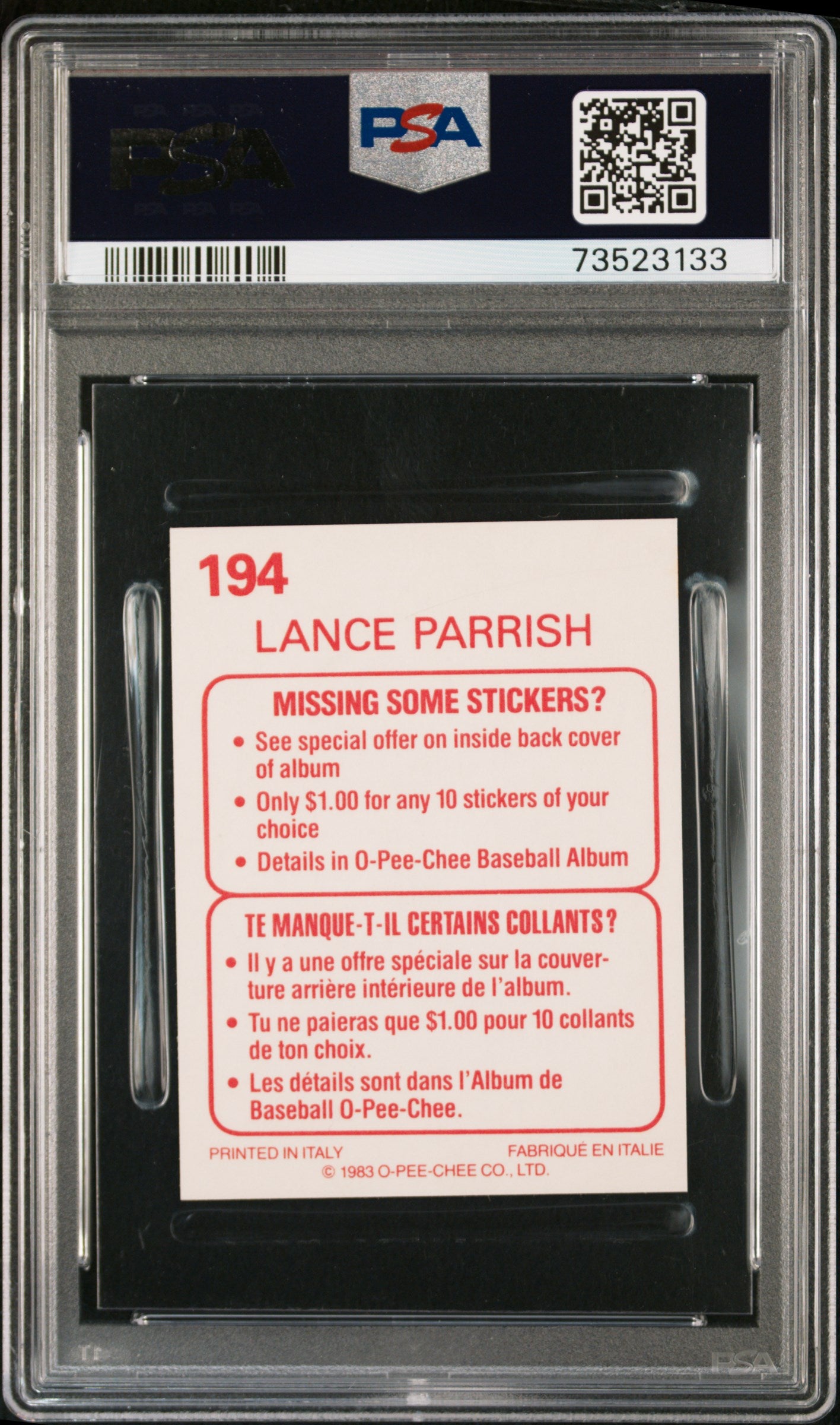 1983 O-pee-chee Stickers Baseball Lance Parrish #194 Psa 9 73523133