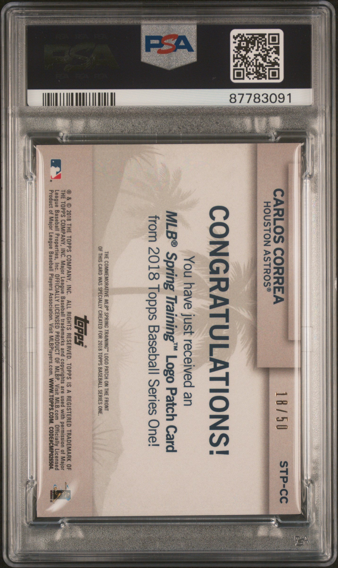 2018 Topps MLB Spring Training Patch GOLD Carlos Correa #STPCC PSA 9 87783091