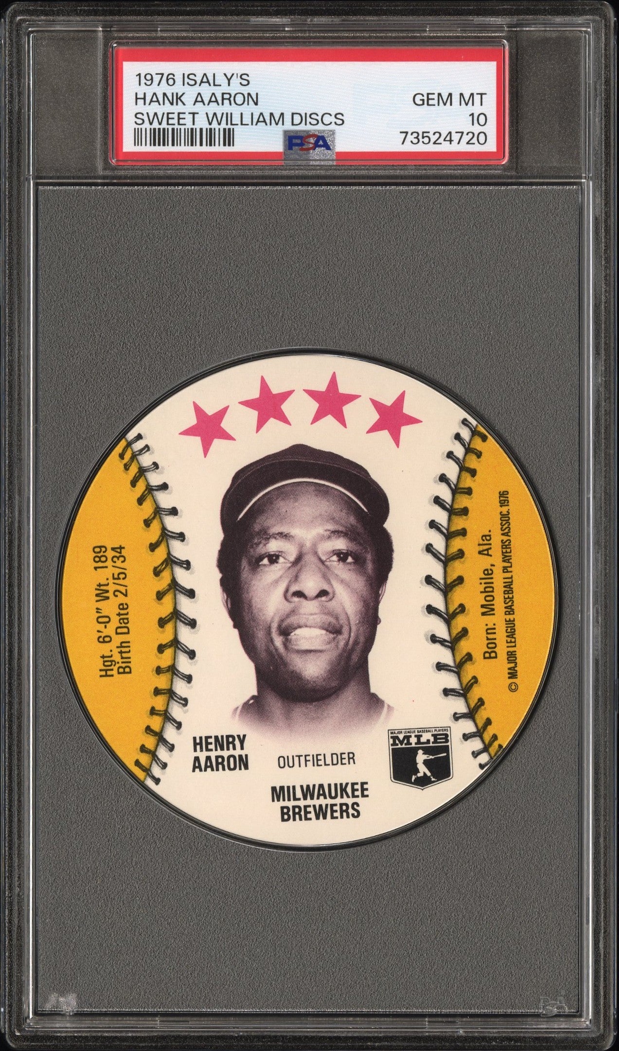 1976 Isaly's Sweet William Disc Baseball Hank Aaron Psa 10 73524720